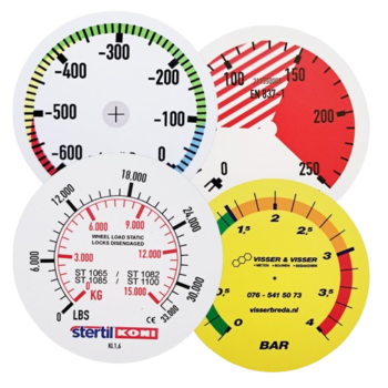Vier verschiedene Manometer-Designs, Sonderanfertigungen mit Firmenlogos und unterschiedlichen Farben